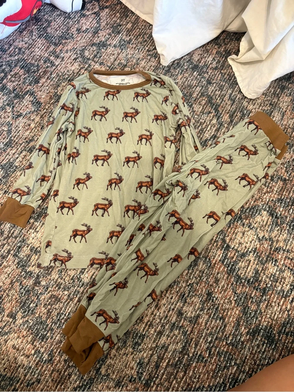 Kids Elk Print Pajama Set - Sage Green with Brown Trim
